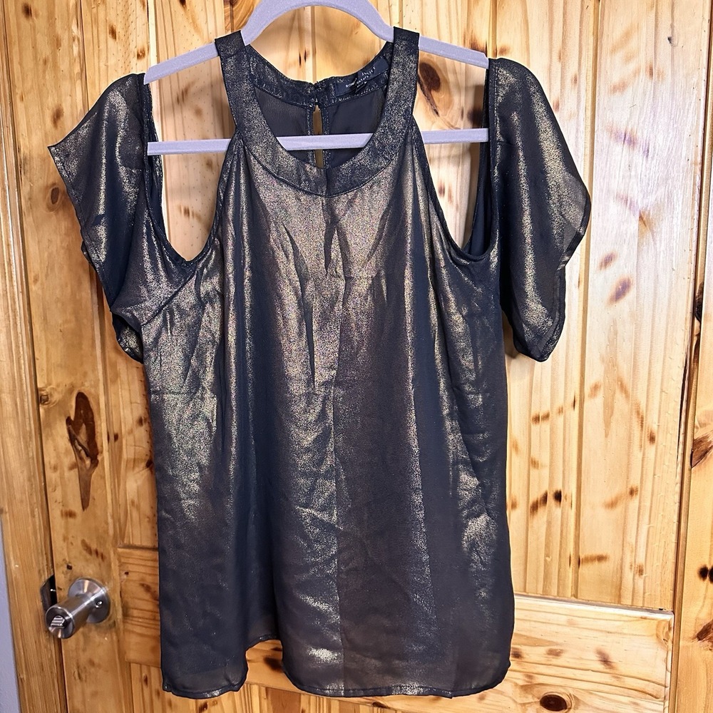 Romeo & Juliet Couture Women's Blouse Bronze Open Shoulder Sz L Metallic